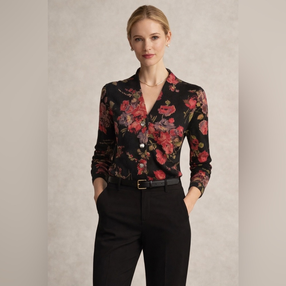 Lauren Ralph Lauren Black Floral Button-Front Cardigan